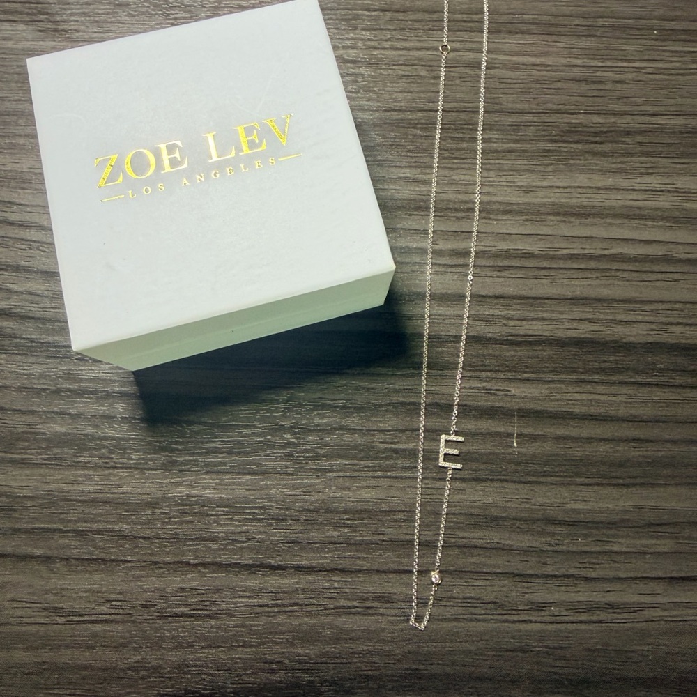 14k white gold diamond asymmetrical diamond initial and bezel necklaces